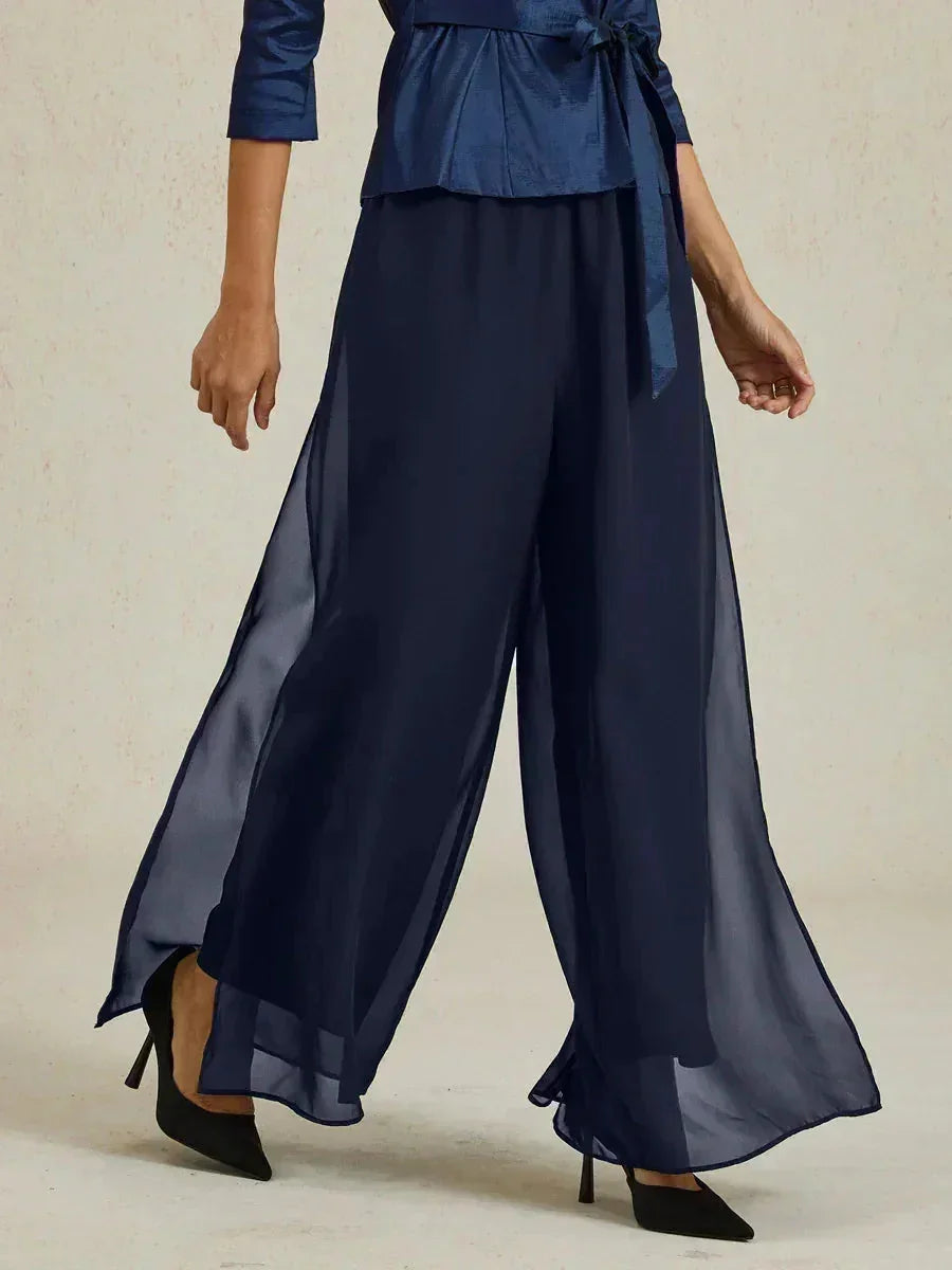 Pantalon droit avec superposition de jambes fendues en mousseline