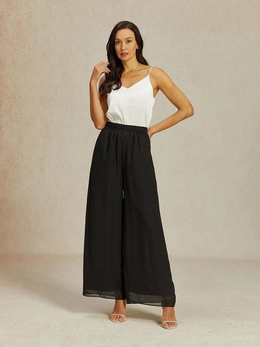 Mid-Rise Elastic Waist Wide-Leg Chiffon Pants