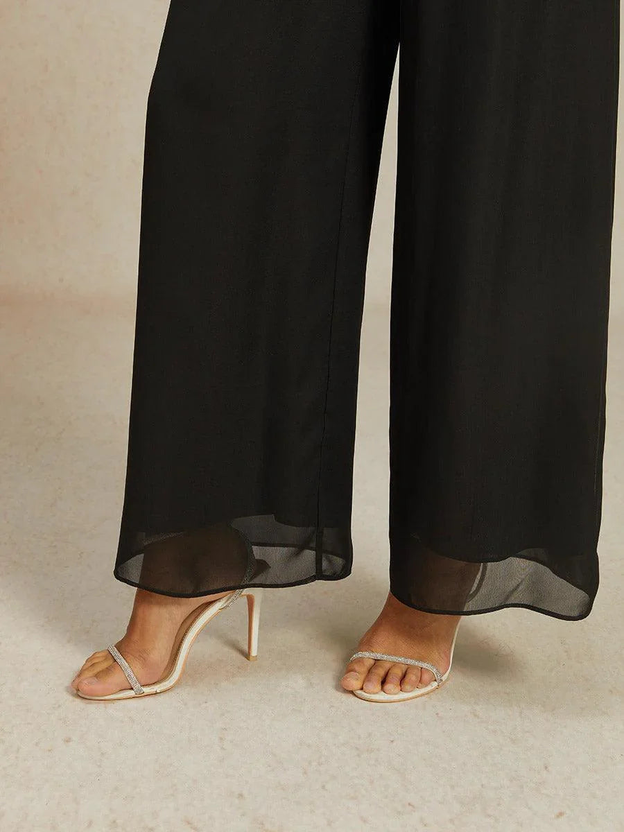 Mid-Rise Elastic Waist Wide-Leg Chiffon Pants