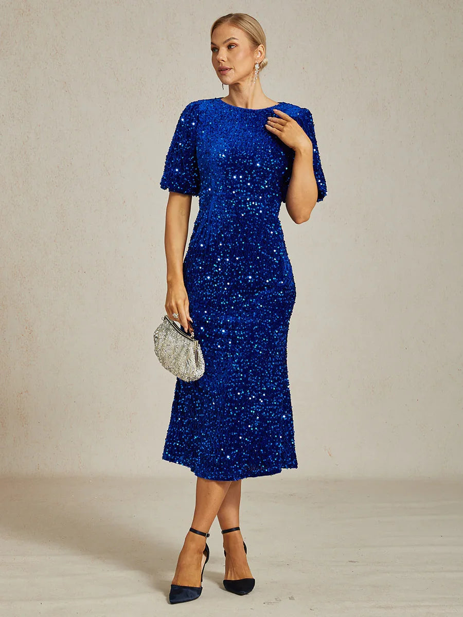 Velvet Sequin Midi Dress with Puff Sleeves