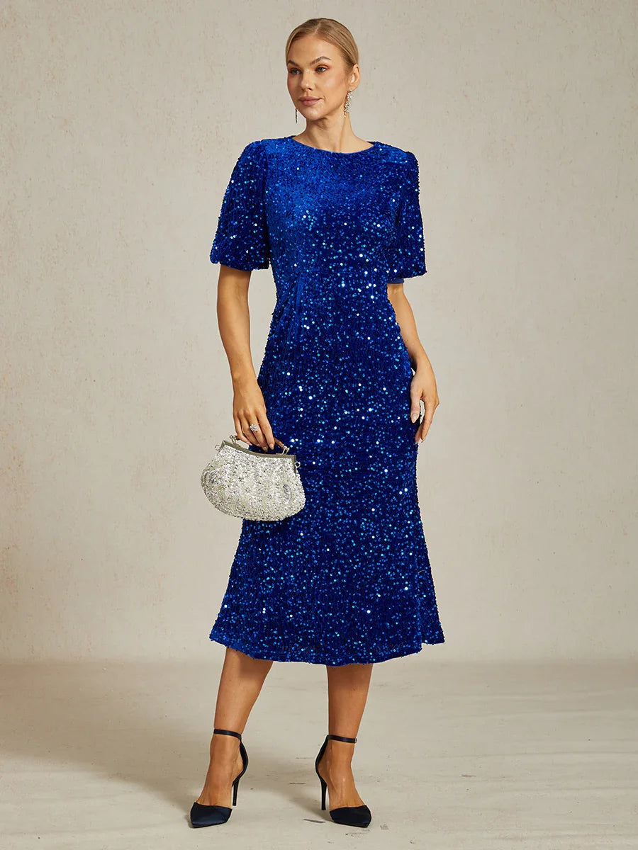 Velvet Sequin Midi Dress with Puff Sleeves