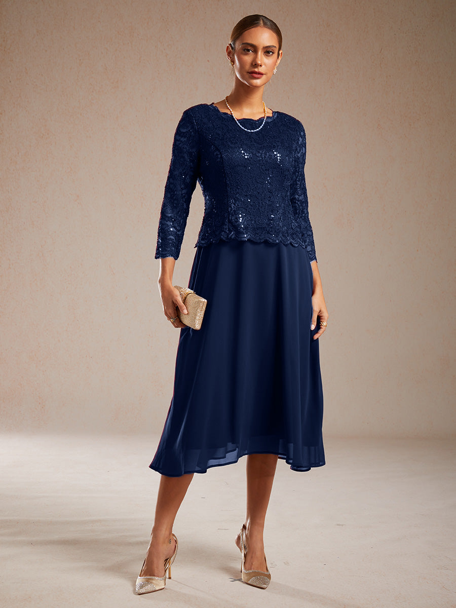 Elegant Lace and Chiffon Tea-Length Dress