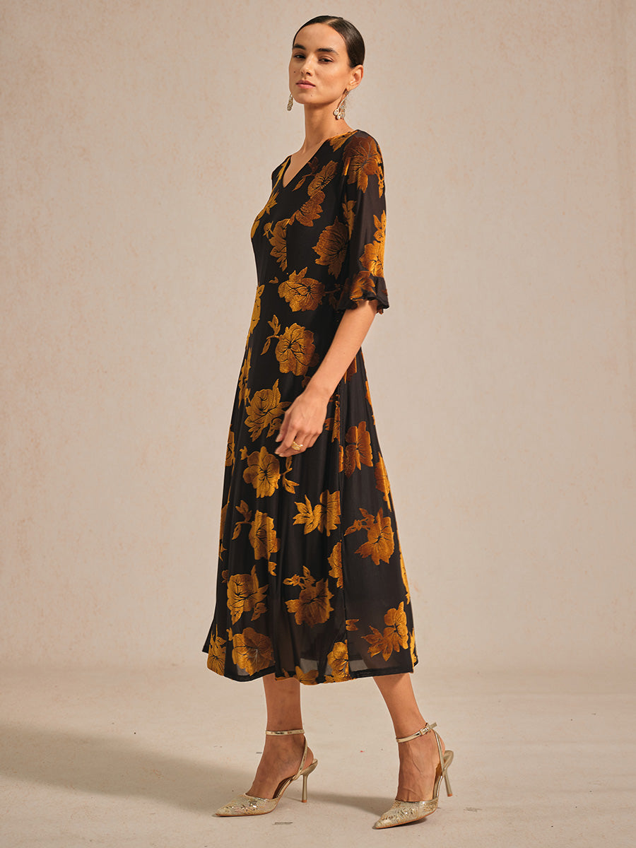 Floral Velvet A-Line Dress with Flutter Sleeves