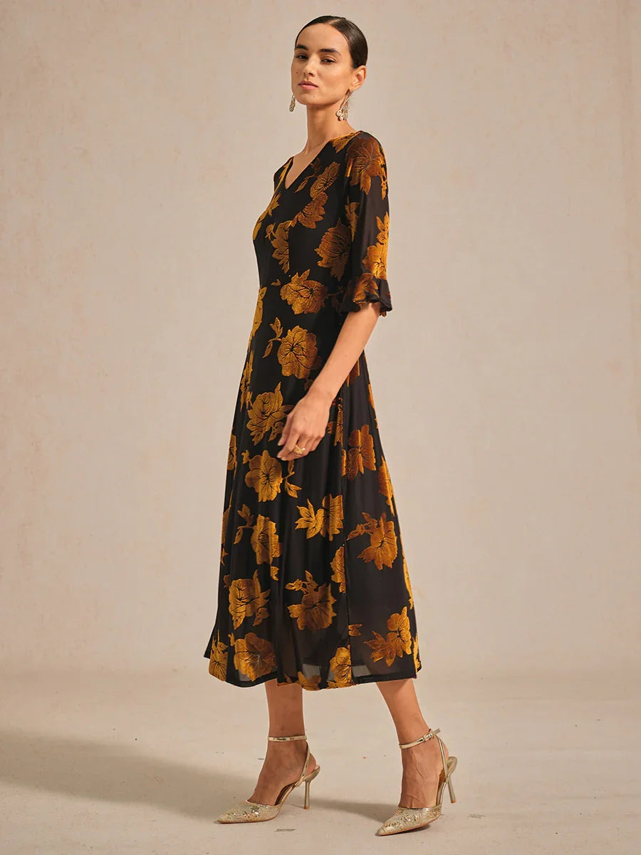 Floral A-Line Dress with Flutter Sleeves