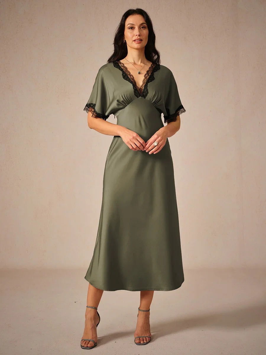 Satin Lace Trim V-Neck Olive Dress
