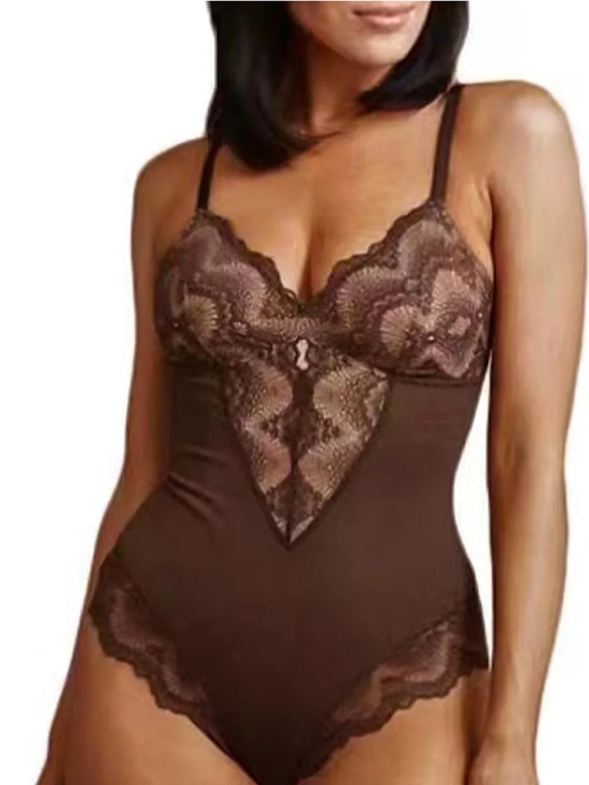 Lace Mesh Tummy Control Deep V Bodysuits