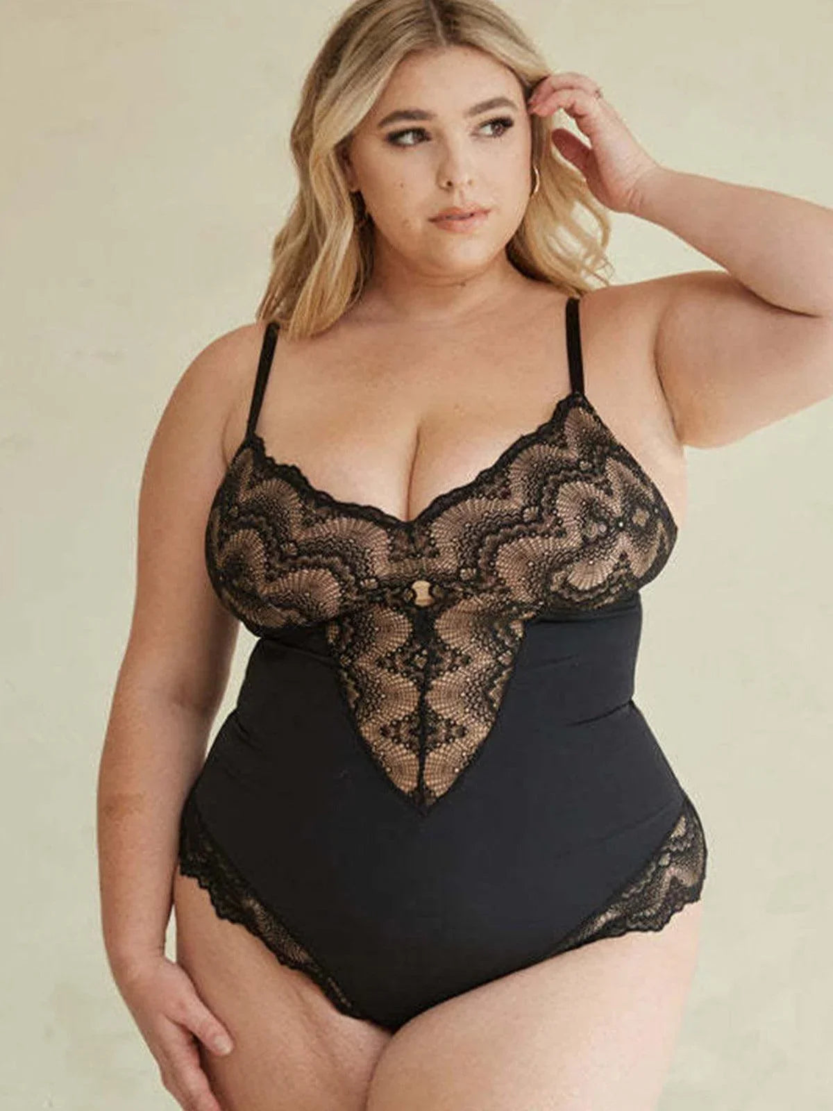 Lace Mesh Tummy Control Deep V Bodysuits