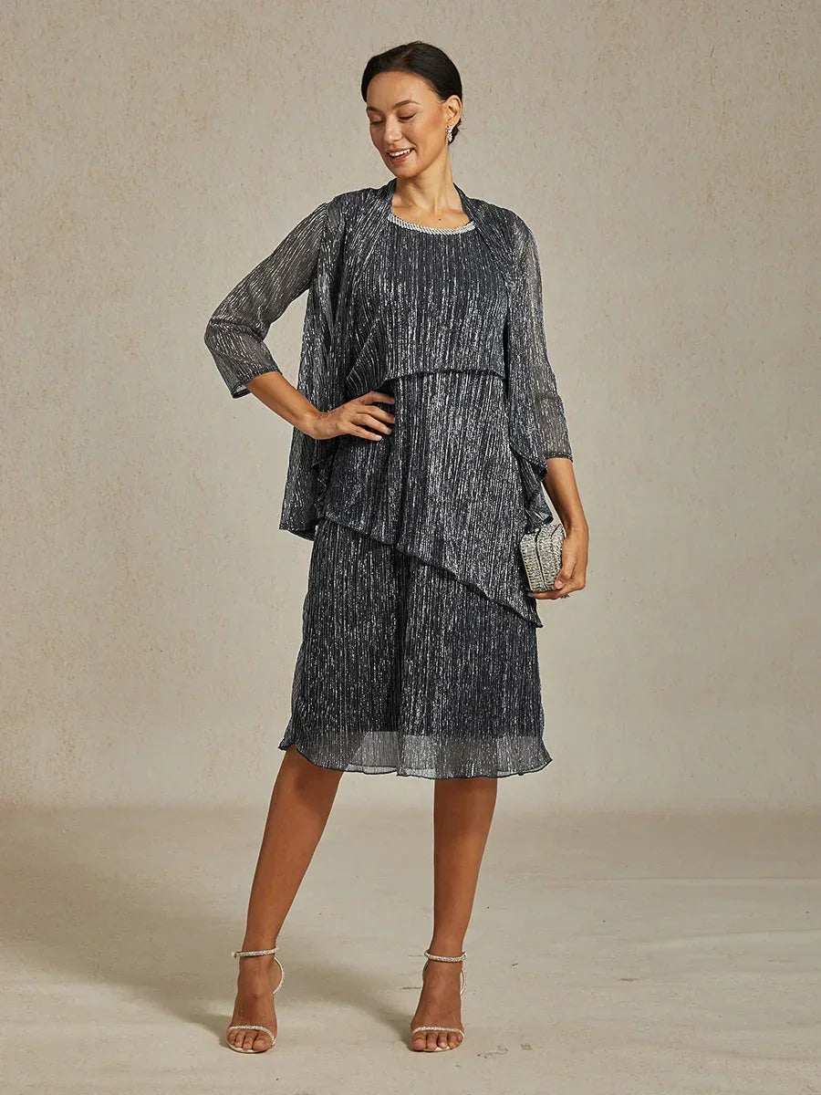 Metallic Pleated Chiffon Midi Dress with Beaded Round Neck