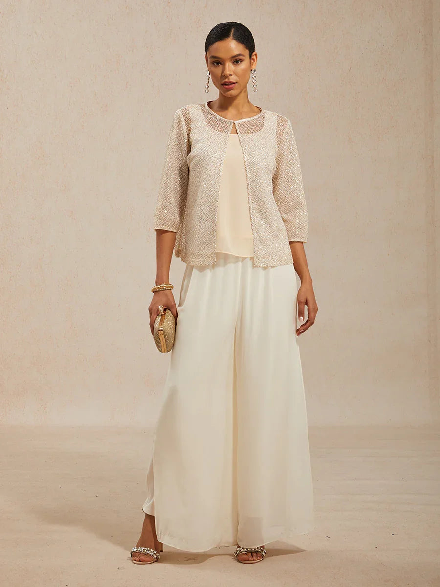 Sequin Mesh Round Neck 3/4 Sleeve Twinset