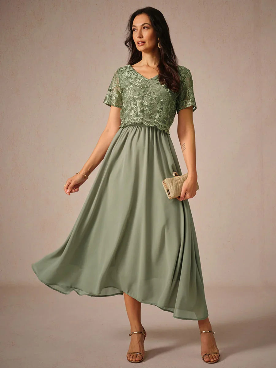 Chiffon Lace V Neck Short Sleeve Flared Midi Dress