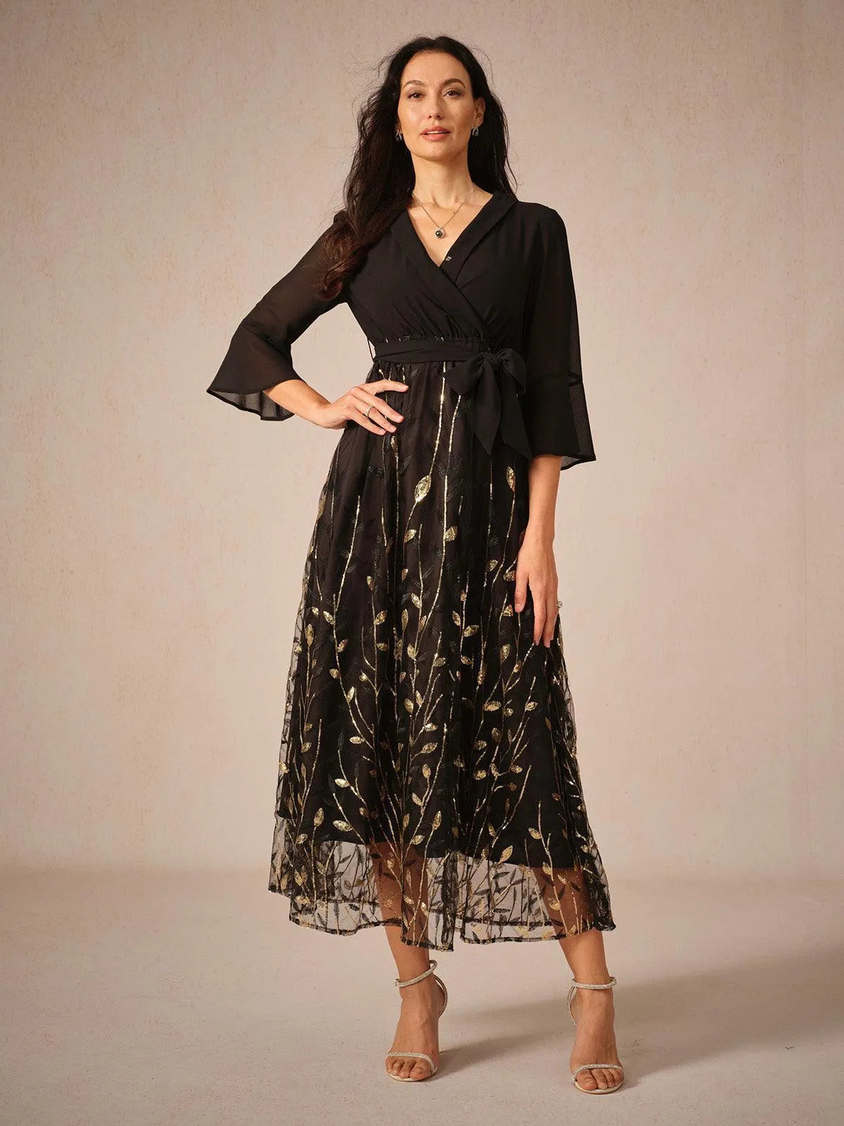 Golden Sequins Mesh Midi Dress