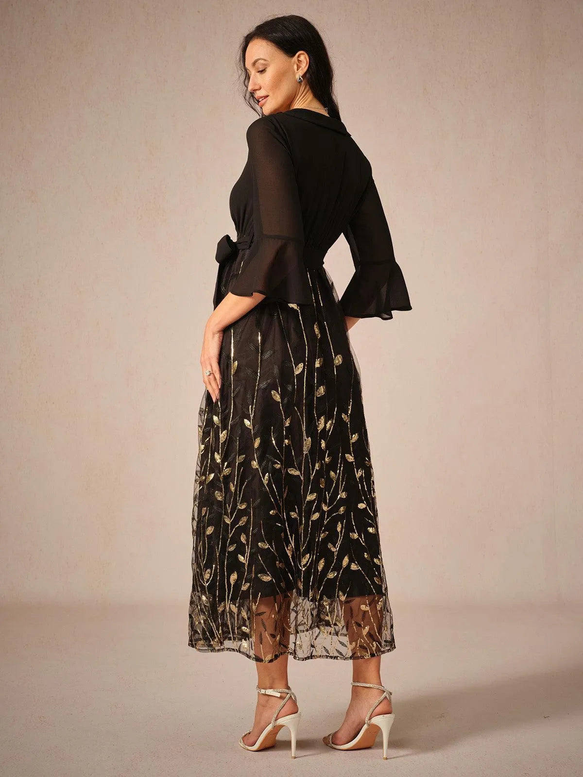 Navy Sequins Mesh Midi Dress