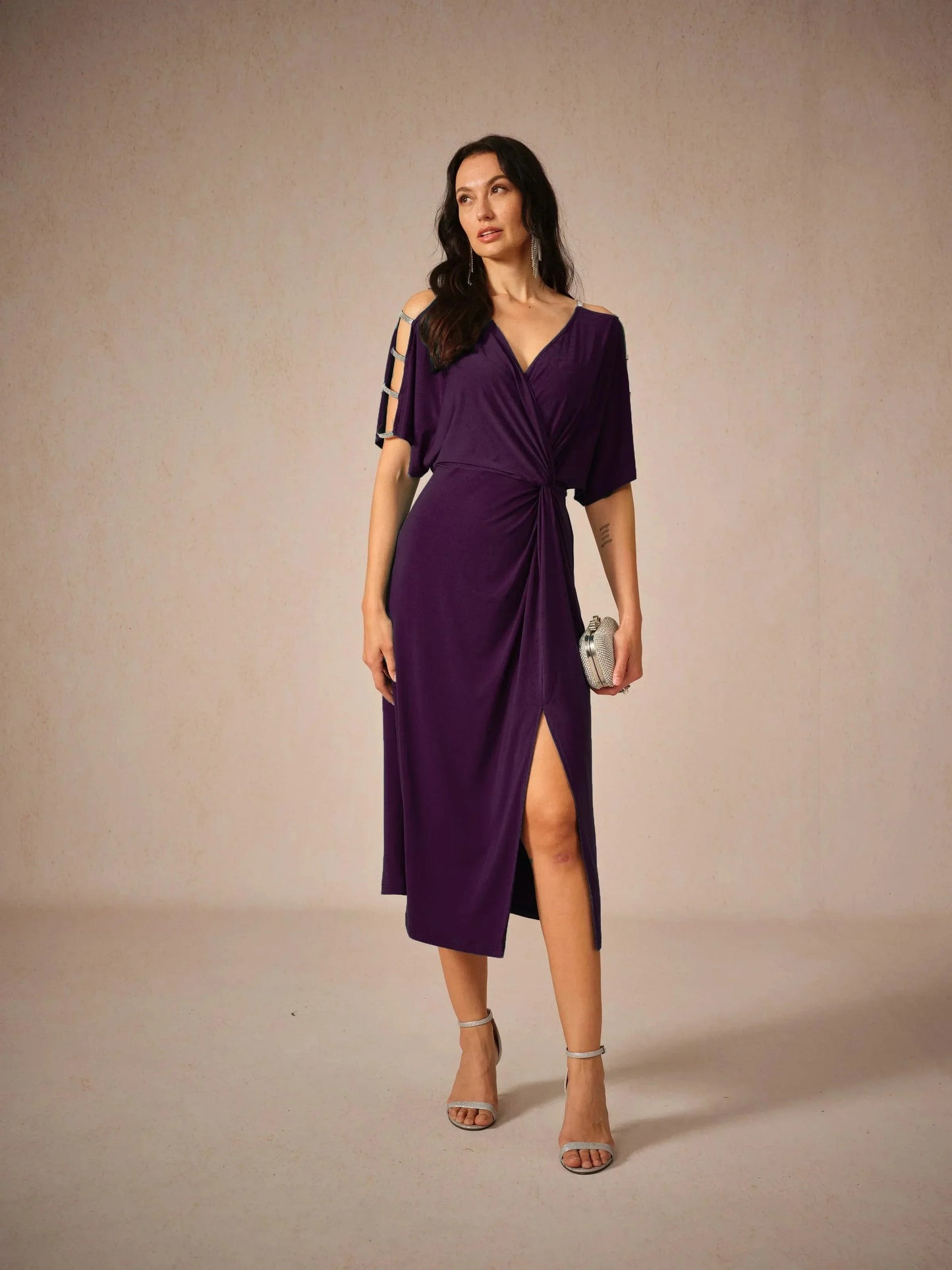 Stretch Knot Front Dress with Front Slit & Embellished Sleeve Cutouts
