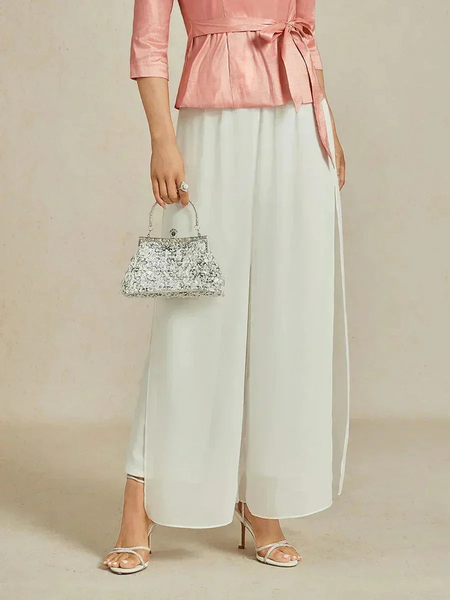 Pantalon droit avec superposition de jambes fendues en mousseline