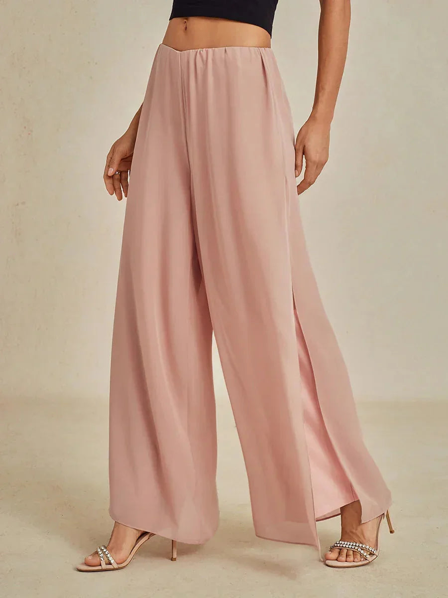 Pantalon droit avec superposition de jambes fendues en mousseline