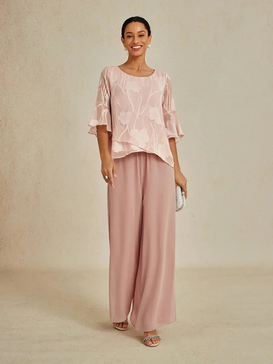 Pantalon droit avec superposition de jambes fendues en mousseline