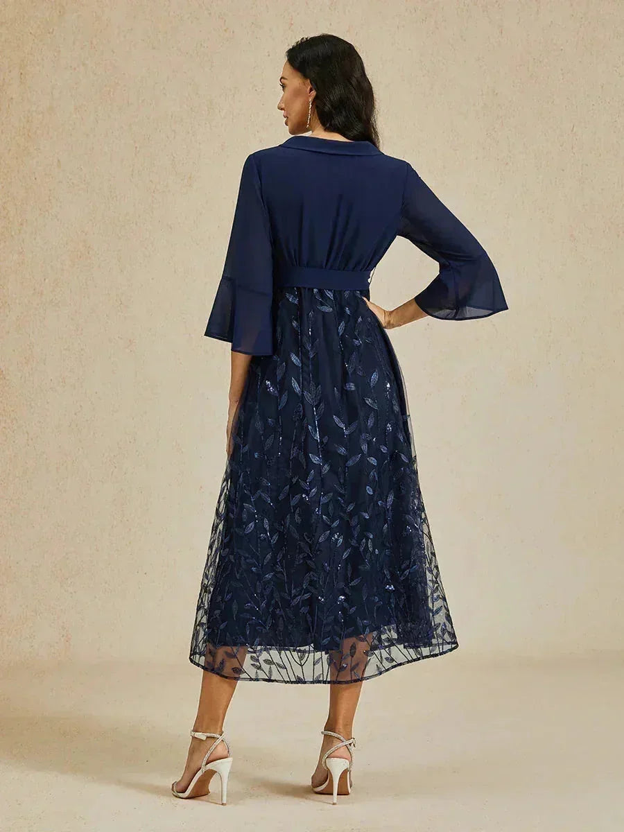 Navy Sequins Mesh Midi Dress
