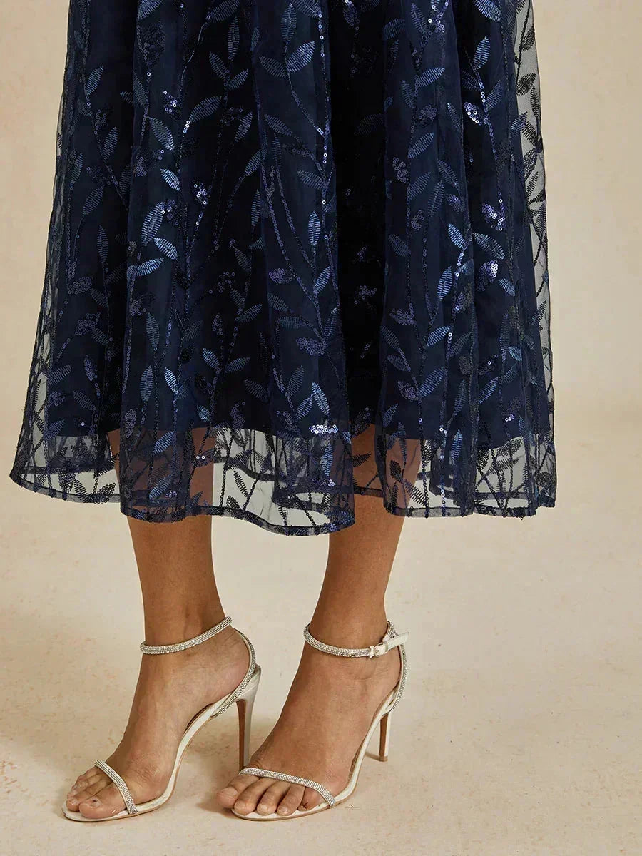 Navy Sequins Mesh Midi Dress