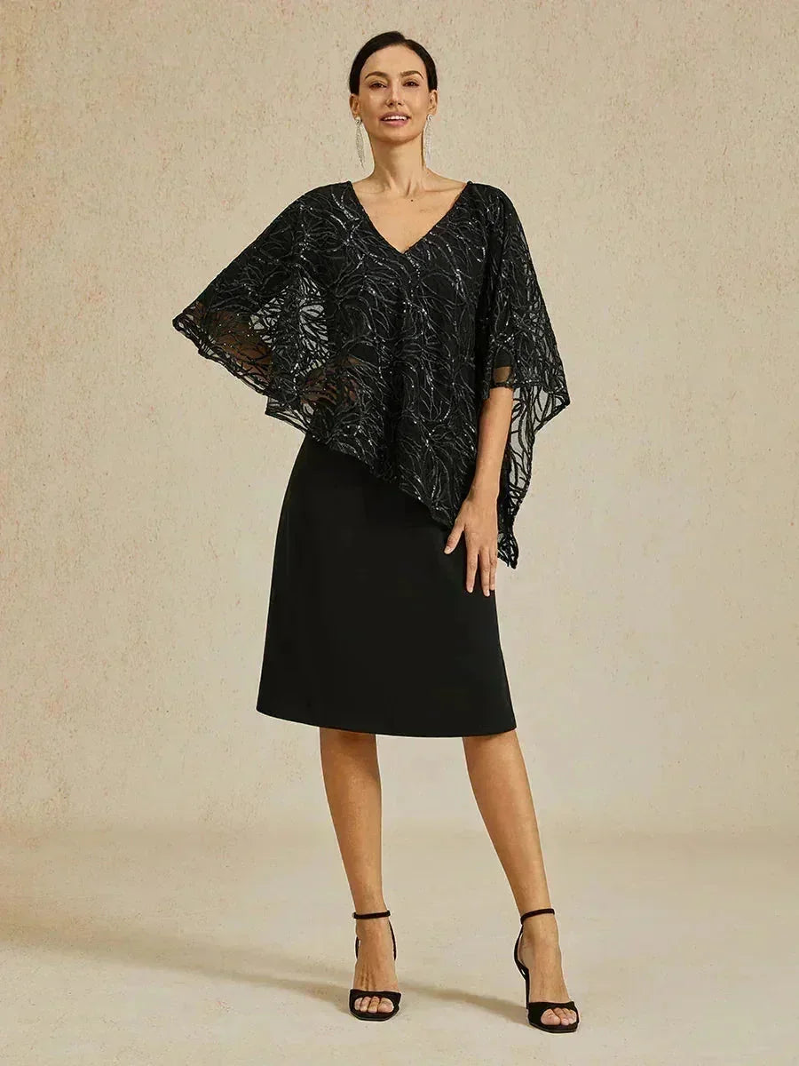 Sequin Knee Length V Neck Overlay Dress