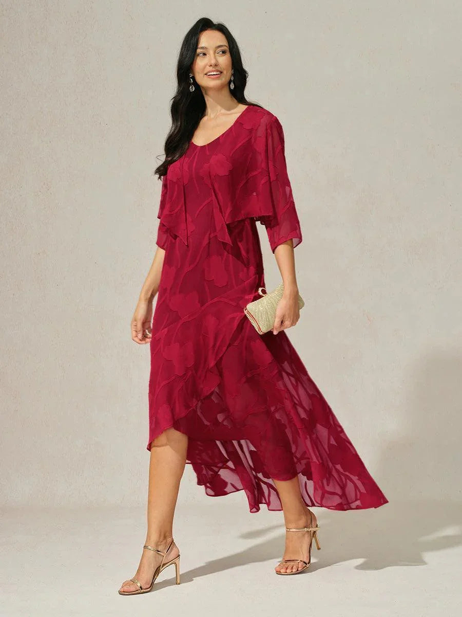 Abendkleid aus Chiffon mit Blumenmuster und asymmetrischem Saum