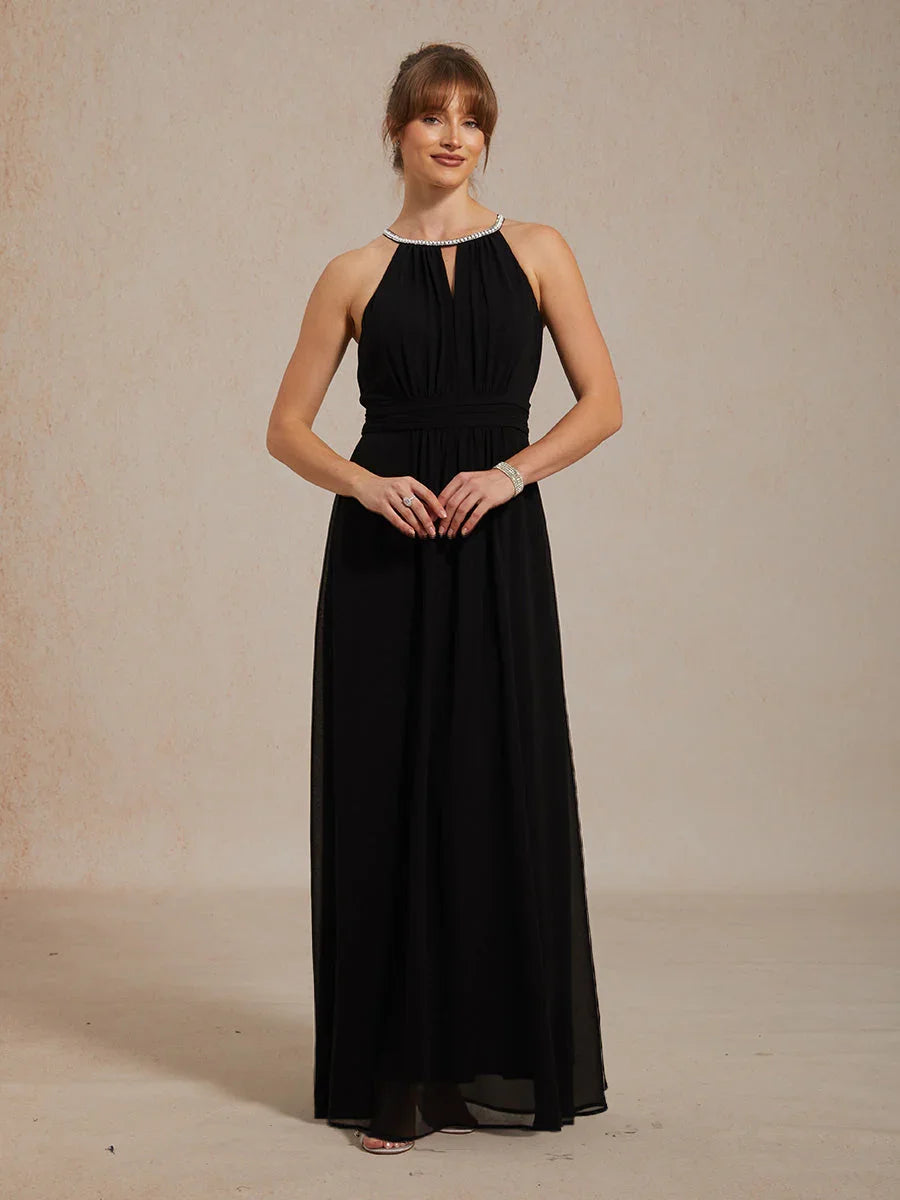 Chiffon Pearl Halter Neck Floor-Length Dress with Wrinkle Resistant chiffon