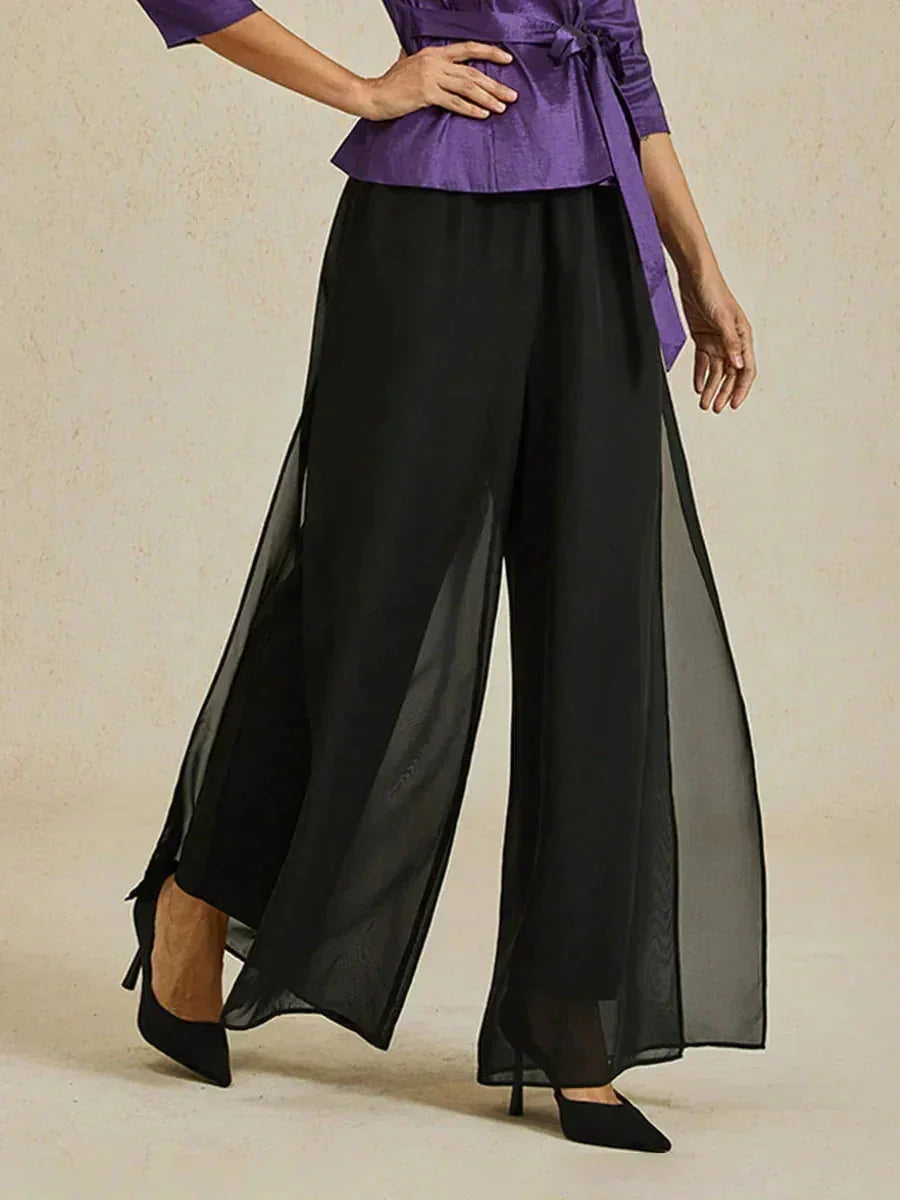 Pantalon droit avec superposition de jambes fendues en mousseline