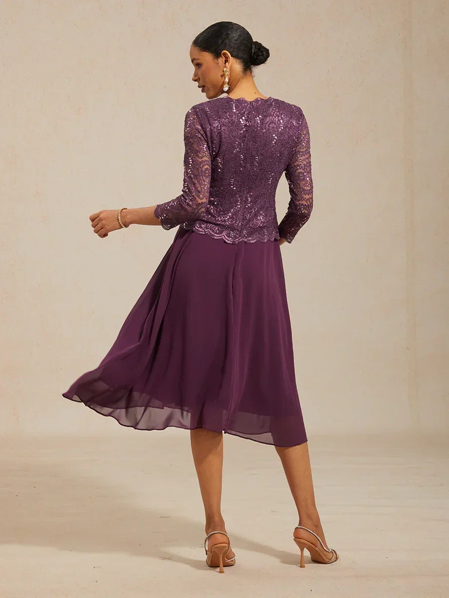 Elegant Lace and Chiffon Tea-Length Dress