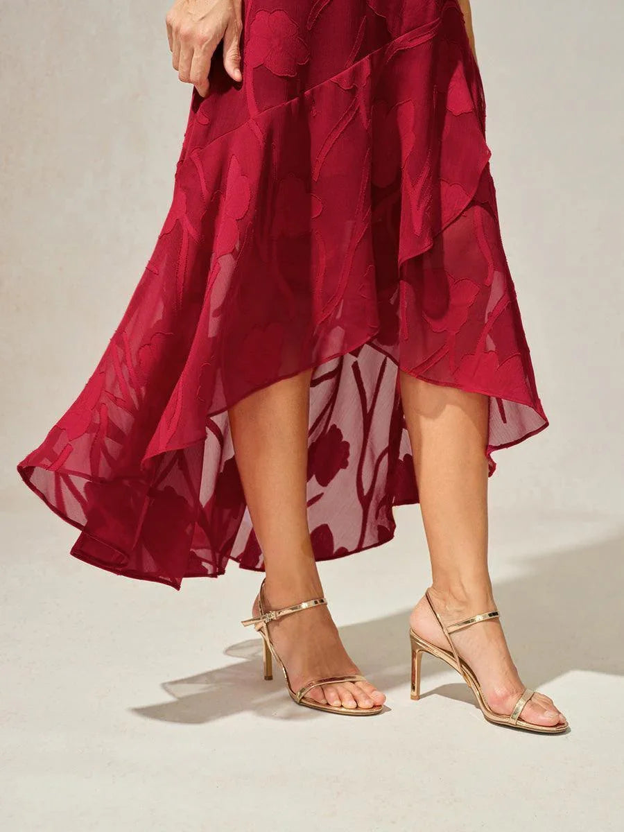 Abendkleid aus Chiffon mit Blumenmuster und asymmetrischem Saum