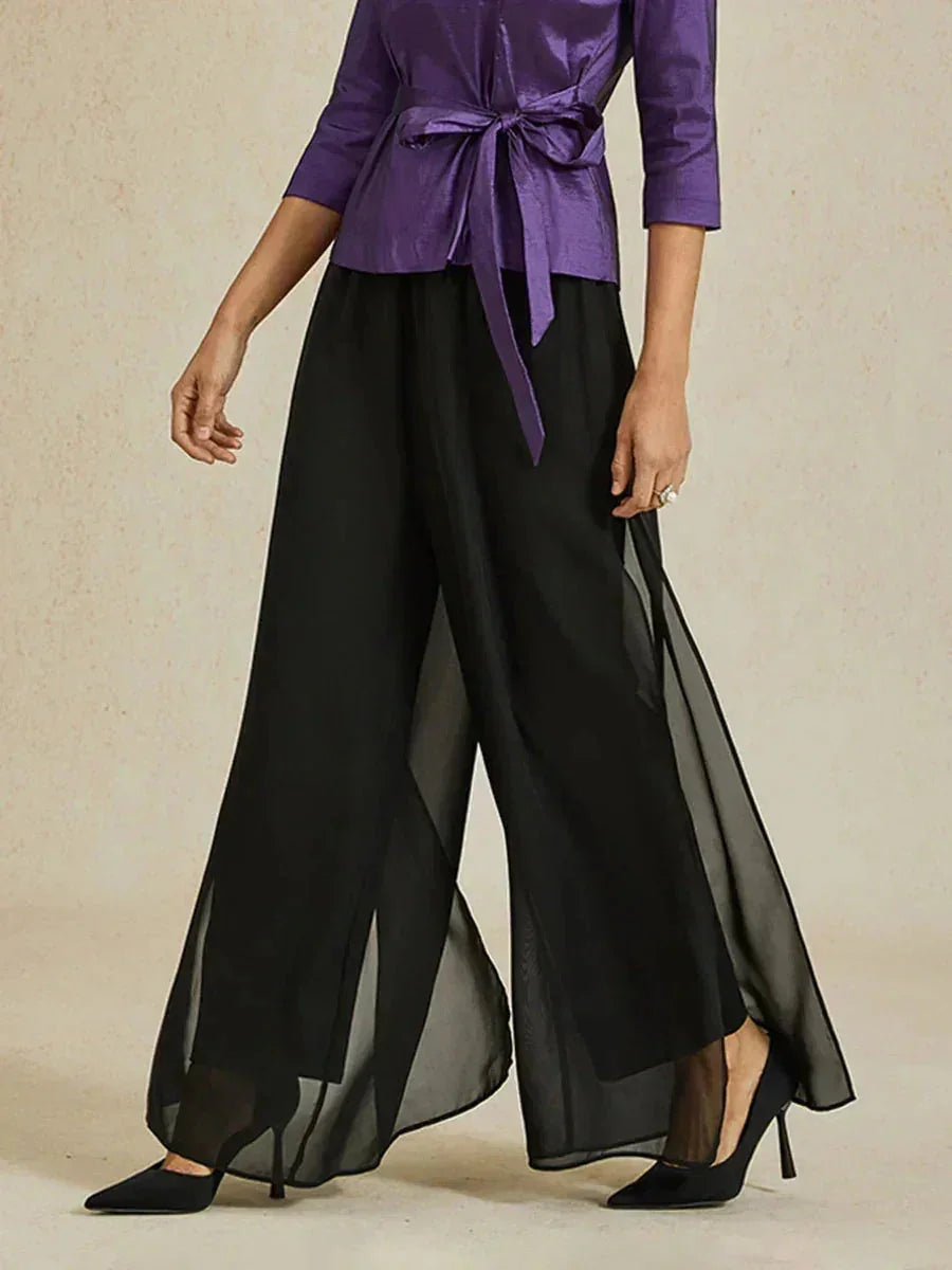 Pantalon droit avec superposition de jambes fendues en mousseline
