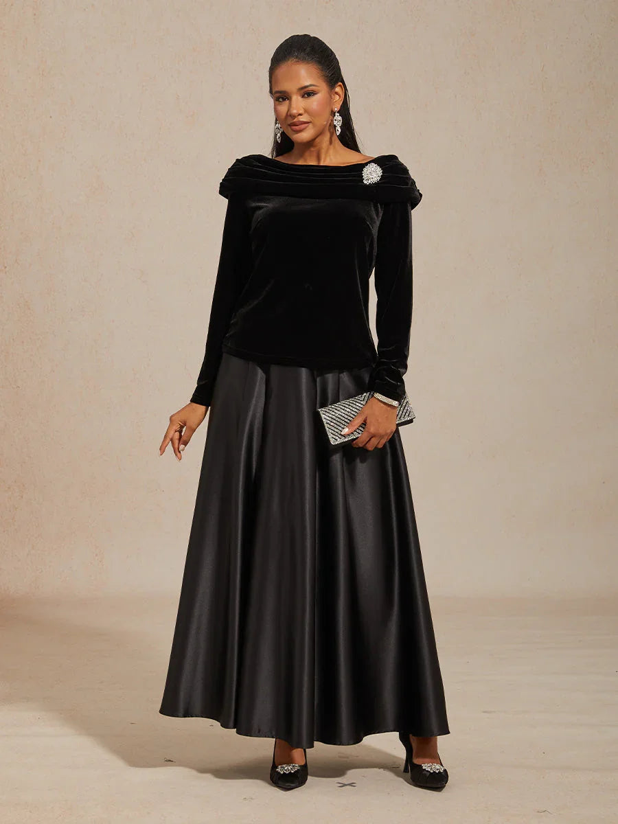 Langärmlige Samtbluse mit gerafftem Kragen