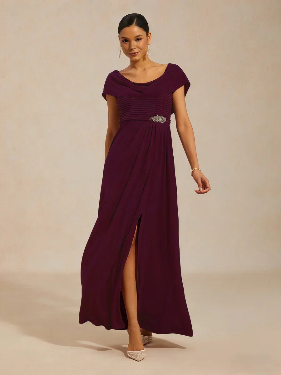 Draped Neck Jersey Evening Dress with Pleated Bodice
