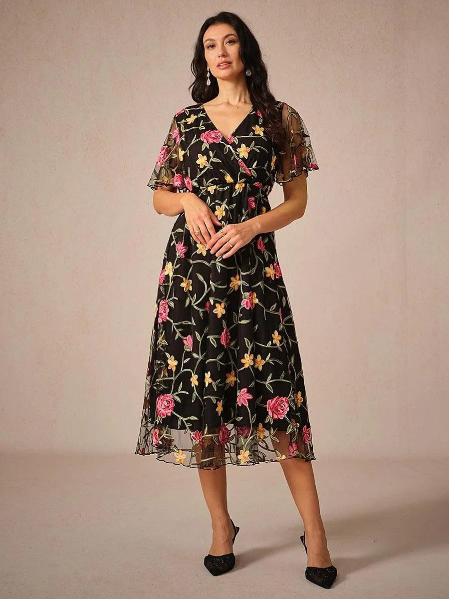 Floral Embroidery Mesh Midi Dress