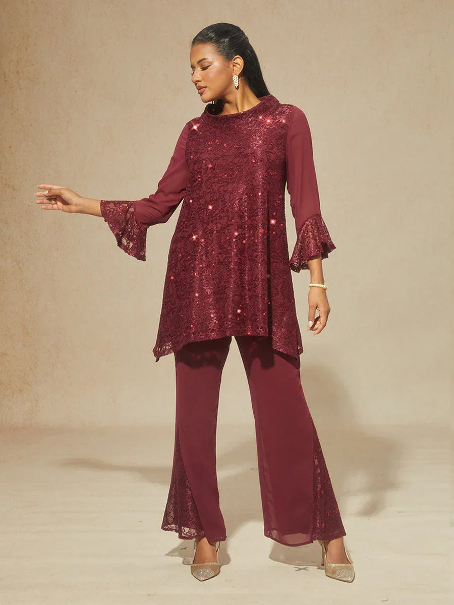Mid-rise Chiffon Flared Pants with Lace Trim