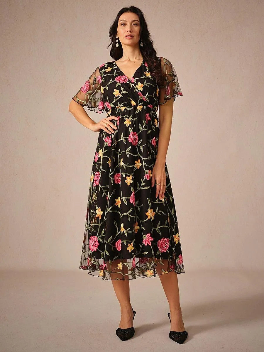 Floral Embroidery Mesh Midi Dress