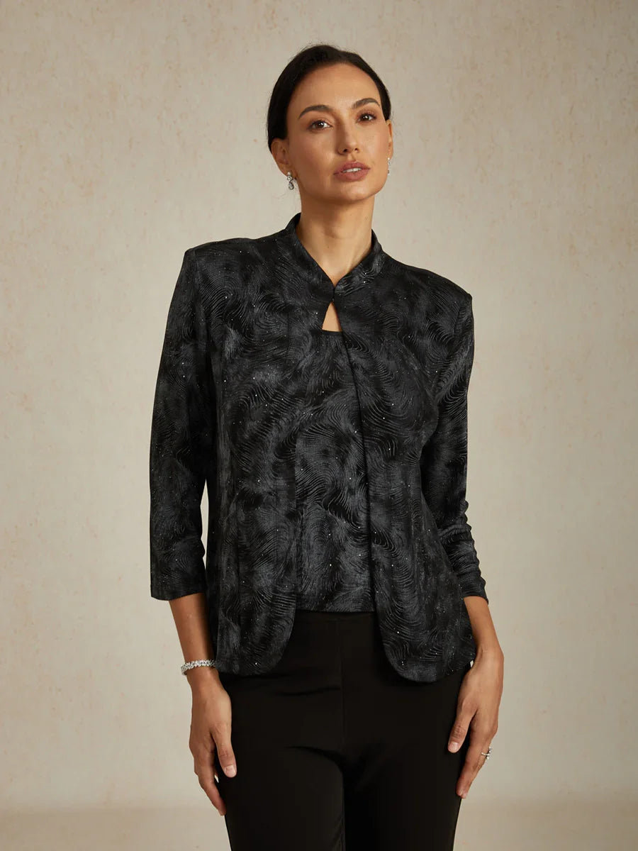 Beaded 3/4 Sleeve Metallic Knit Blouse