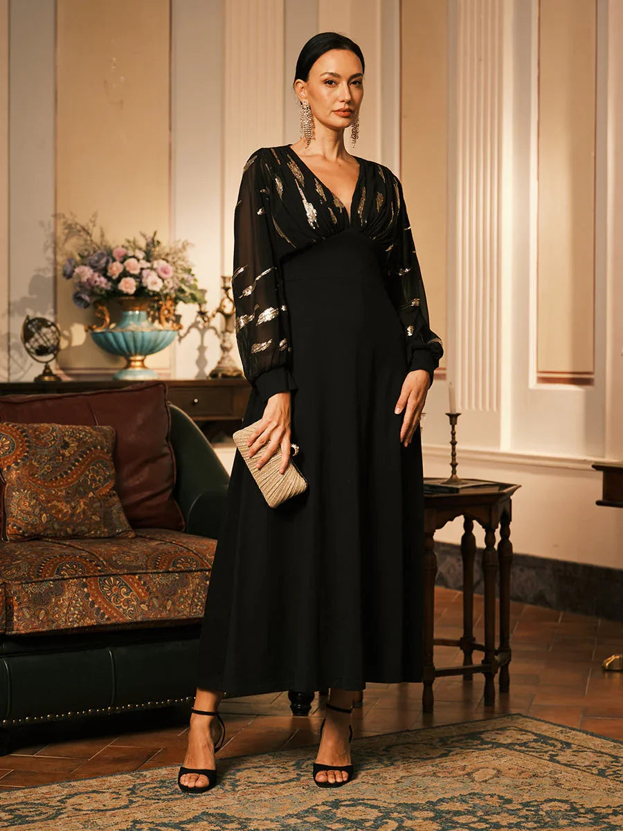 Black Sequins Puff Sleeve Maxi Dress with Empire Waist