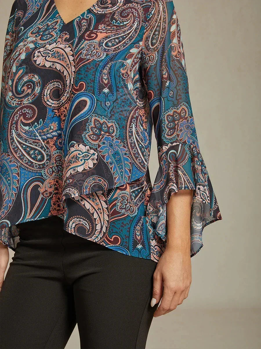 Paisley Chiffon Peasant Blouse with Long Lantern Sleeves