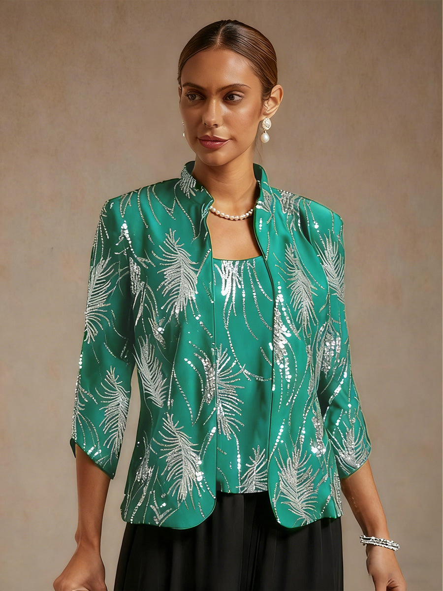 Elegant Mandarin Collar Sequin Twinset