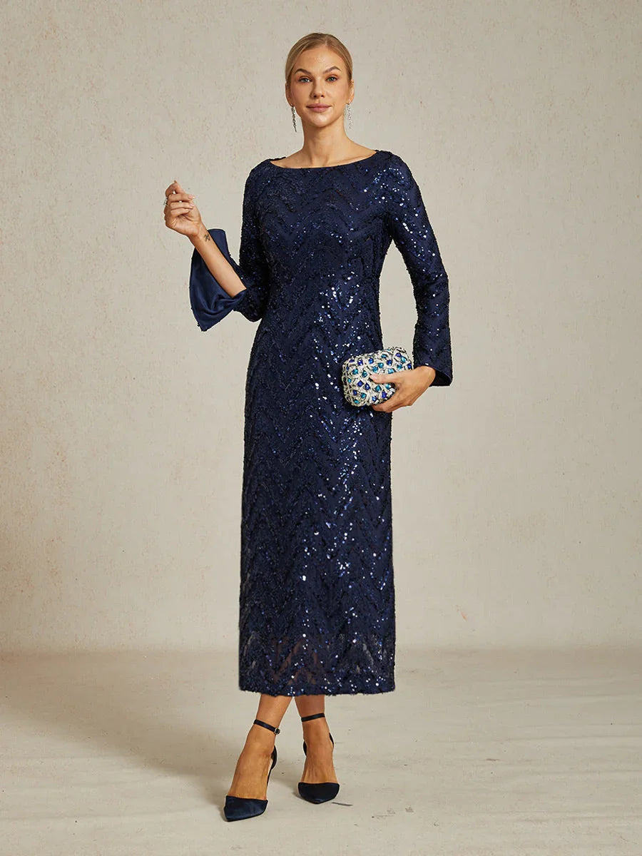 Elegant Sequin Evening Gown with Boat Neck and Slit Cuffs