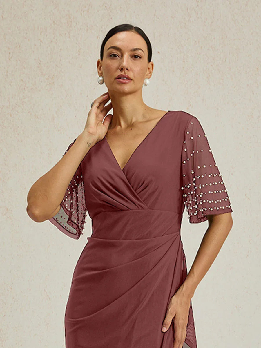 Elegant Formal Dress with Embellished Flutter Sleeves