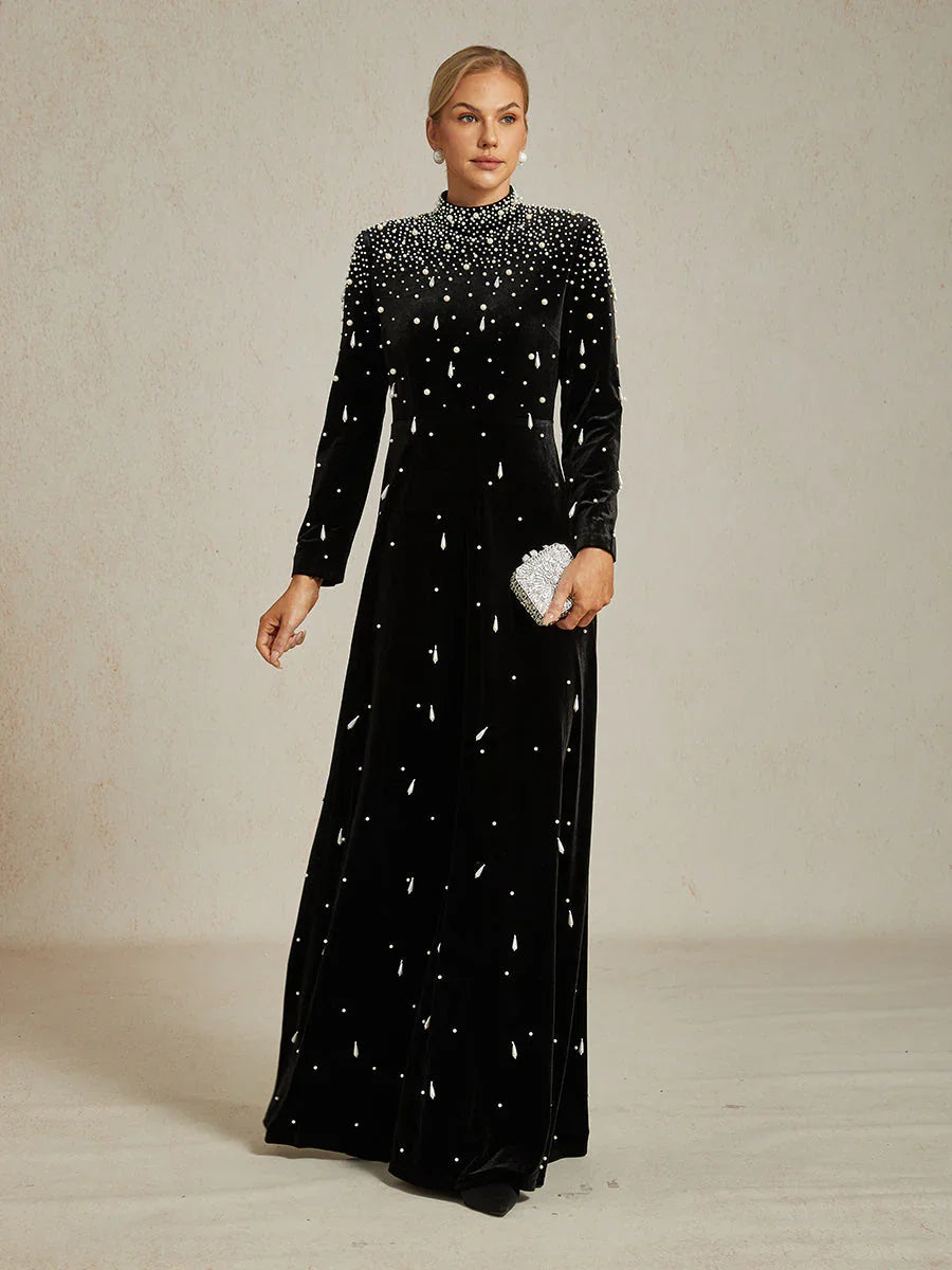 Embellished Velvet Evening Gown with Mock Neck