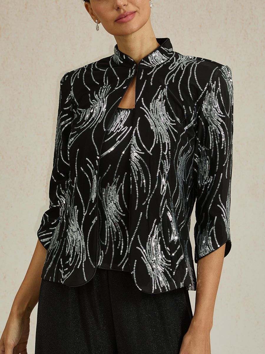 Elegant Mandarin Collar Sequin Twinset