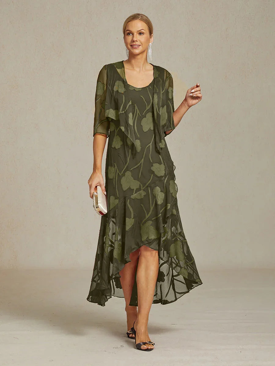 Abendkleid aus Chiffon mit Blumenmuster und asymmetrischem Saum