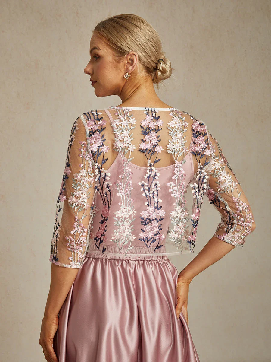 Floral Embroidered Lace Jacket with Rhinestone Button