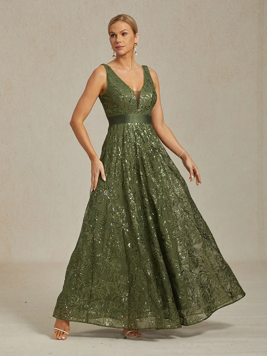 Floral Sequin Embroidered V-Neck Maxi Dress with Low Back