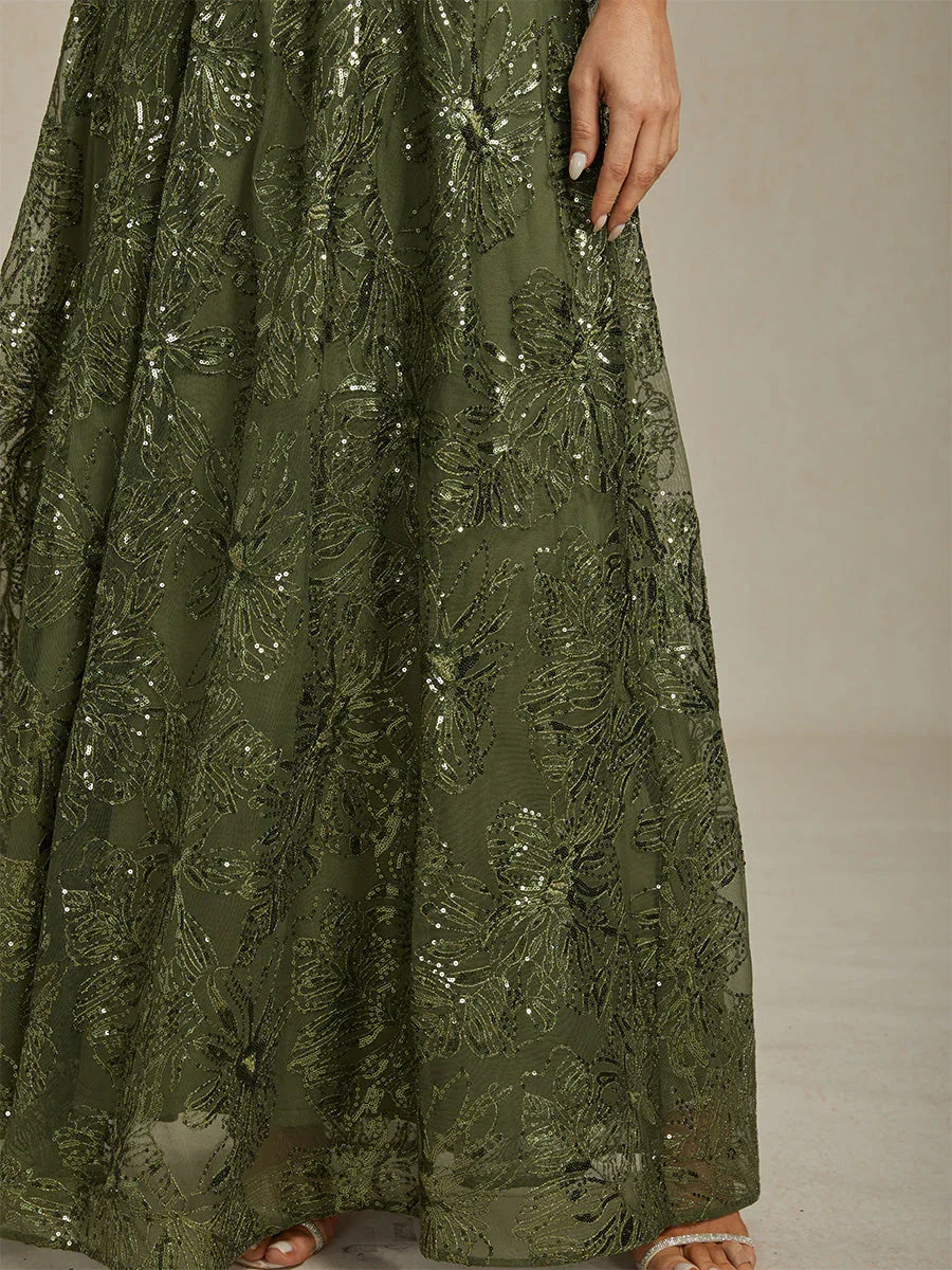 Floral Sequin Embroidered V-Neck Maxi Dress with Low Back