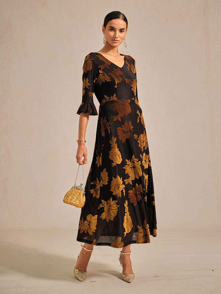Floral Velvet A-Line Dress with Flutter Sleeves