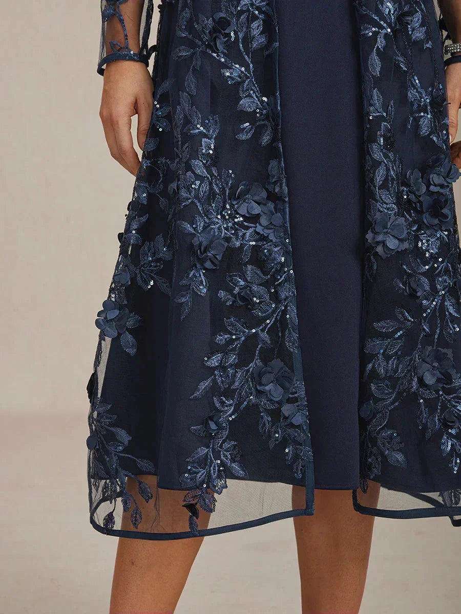 Graceful Long Lace Jacket Dress with 3D Floral Embellishments
