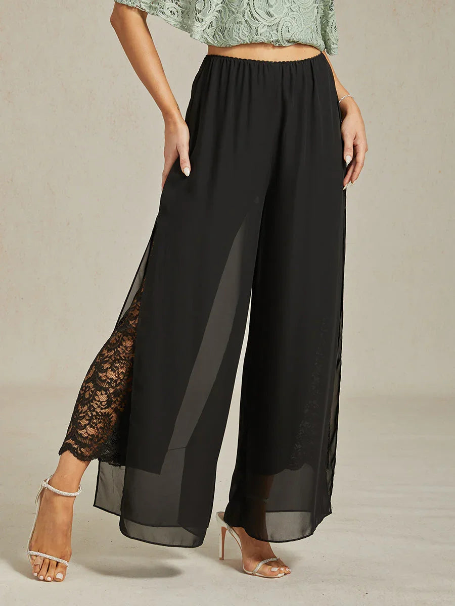 Pantalon droit avec superposition de jambes fendues en mousseline