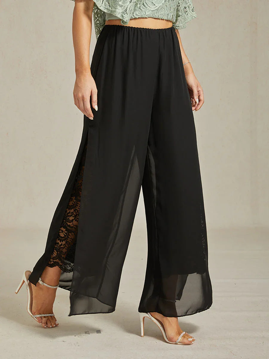 Pantalon droit avec superposition de jambes fendues en mousseline